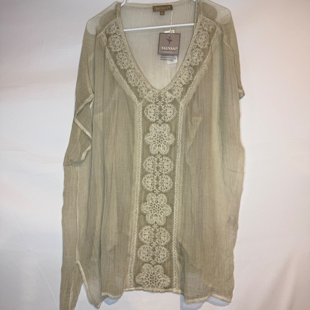 Yauvan Cafe Latte Embroidered V-Neck Kaftan Tunic Top XL NEW